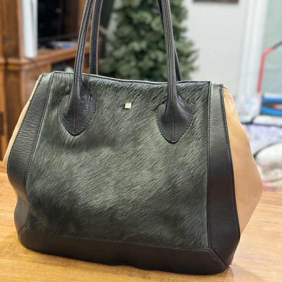 Pour La Victoire Tote Bag Leather & Calf Hair Black Beige Purse Colorblock - Picture 7 of 12
